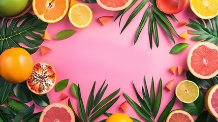 Vibrant fruit and tropical leaf arrangement on a pink background, ideal for healthy lifestyle themes.