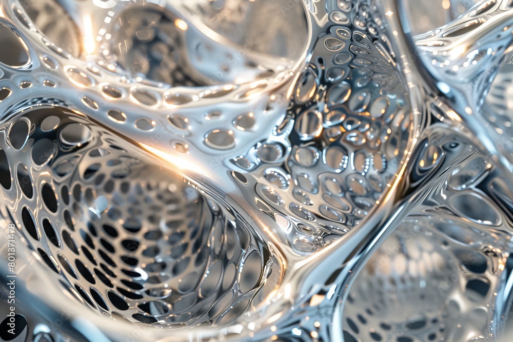 Aufkleber a closeup view of metallic, chrome particles forming a complex mesh structure with a reflective, chr
