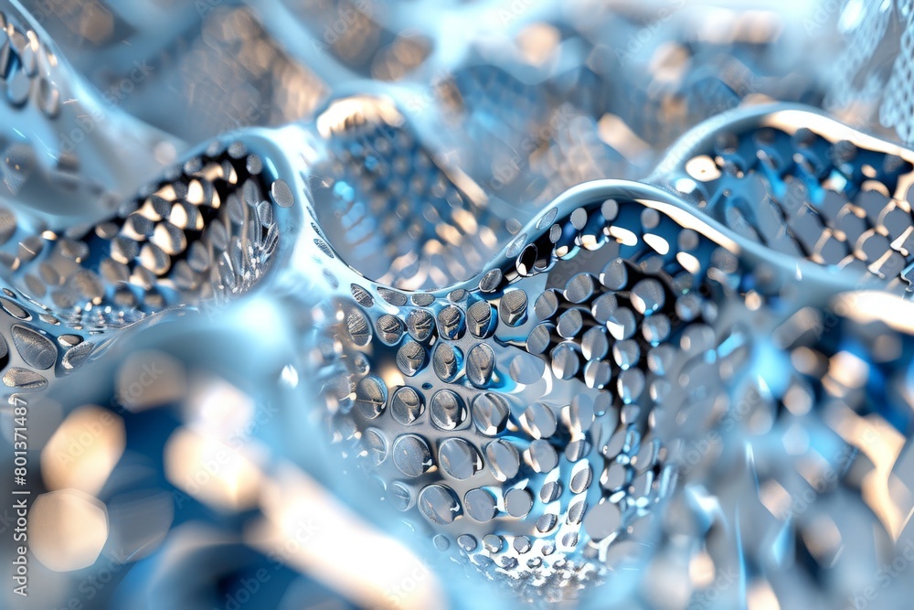 Poster a closeup view of metallic, chrome particles forming a complex mesh structure with a reflective, chr