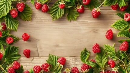 Fresh raspberries and green leaves arranged on a wooden background with ample copy space.