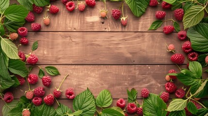 Raspberry spread with lush green leaves on a rich wooden surface, perfect for a fresh, natural look.