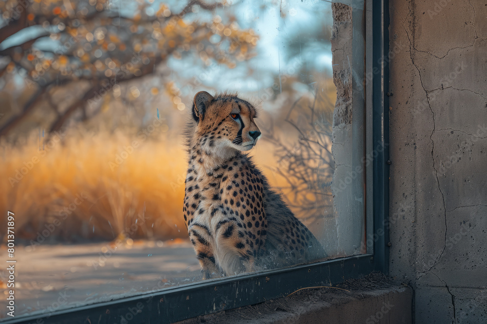 Poster a thought-provoking image of a cheetah in a run enclosure, with an endless savannah digitally displa
