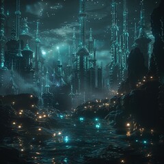 A dark and mysterious underwater city built with black, bioluminescent structures that emit an eerie blue glow 