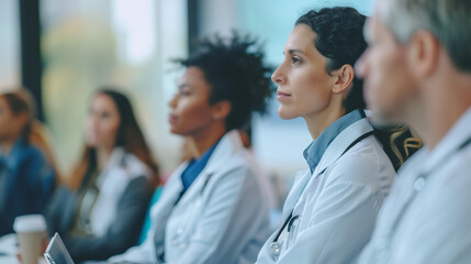Female doctor as speaker at conference for healtcare workers, medical team sitting and listening presenter. Medical experts attending an education event, seminar in board room