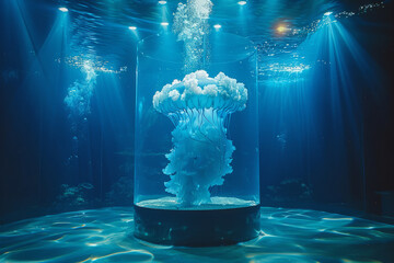A visually striking contrast of a jellyfish in a dark blue-lit tank, with scenes of the deep ocean projected around it,