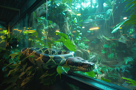 An image of a python in a glass enclosure, with the dense foliage of a rainforest depicted on the enclosure walls,