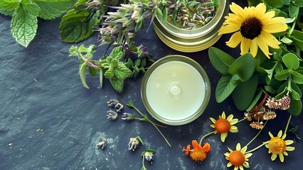 Natural healing products with essential oils aromatherapy and herbal cosmetics in nature . Concept Natural Healing Products, Essential Oils Aromatherapy, Herbal Cosmetics, Nature-Based Wellness