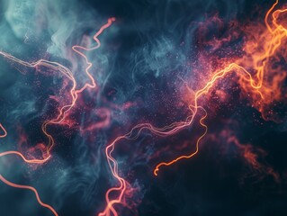 A dark, smoky background with streaks of neon light ripping through it, leaving trails of glowing particles in their wake 