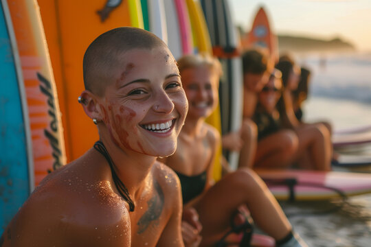 Close-up diverse friends laugh on beach with colorful surfboards. summer vibes. copy space
