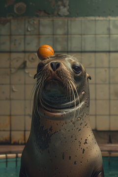 An illustration of a sea lion forced to balance a ball on its nose, with a stark, concrete pool surrounding it, void of natural elements,