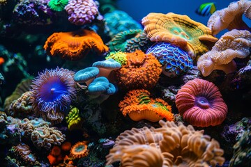 Coral Reef Ideal for marine ecological research companies. Background showcases vibrant corals and diverse marine life, perfect for environmental presentations or educational materials, Generative AI.
