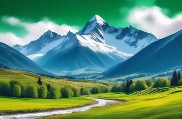 Pasture valley with snowy peak of mountain range, illustration in painting style