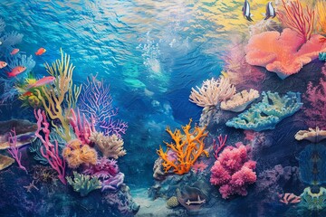 Coral Reef Ideal for marine ecological research companies. Background showcases vibrant corals and diverse marine life, perfect for environmental presentations or educational materials, Generative AI.
