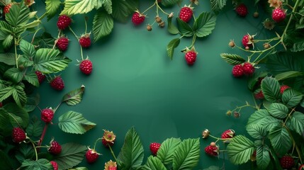 Lush raspberry branches with ripe berries and green leaves against a dark green background with...