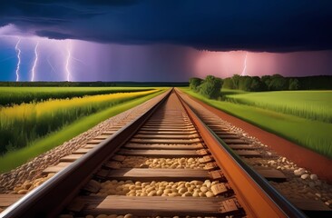 A train track under an approaching storm