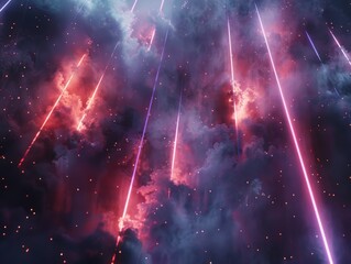 A dark, smoky background with streaks of neon light ripping through it, leaving trails of glowing particles in their wake 