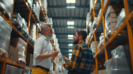 Warehouse manager talking with logistics employee in warehouse, planning transport of products, talking shipping process.