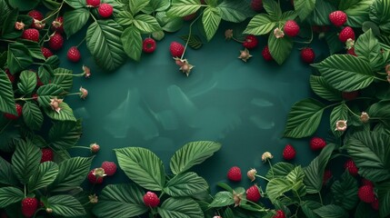 Lush green raspberry leaves and ripe red berries arranged on a dark teal background.