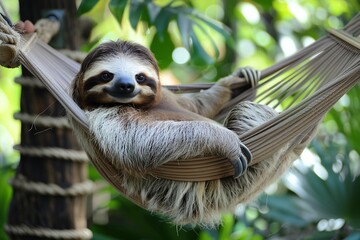 Fototapeta premium Closeup view of a beautiful cute Sloth relaxing in hammock in its natural habitat