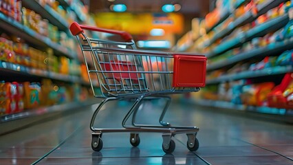 This shopping cart positioned in the middle of a grocery store aisle filled with various food products.