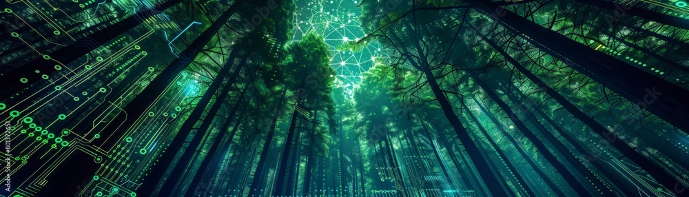 Poster a digital circuit board forest under a starry quantum night sky, bioluminescent code pulsating throu