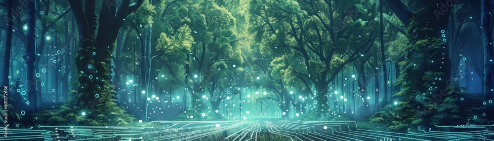 Poster a digital circuit board forest under a starry quantum night sky, bioluminescent code pulsating throu