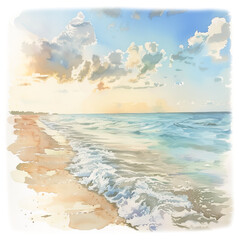 Watercolor of gentle waves on a sandy beach