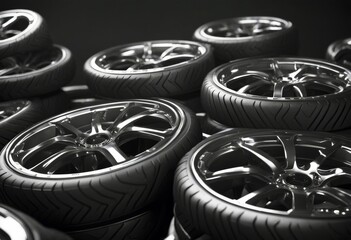 'car four new 3d wheels tires shiny render tire automobile tyre auto rubber wheel sport stuck rim tread stack automotive heap set service spare repair race guardian modern change group winter'