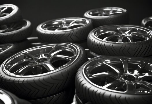 'car four new 3d wheels tires shiny render tire automobile tyre auto rubber wheel sport stuck rim tread stack automotive heap set service spare repair race guardian modern change group winter'