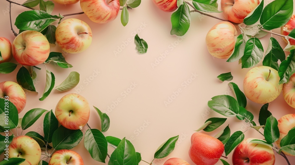 Wall mural Fresh apples with leaves artfully arranged around a soft peach-colored background, ideal for copy space.