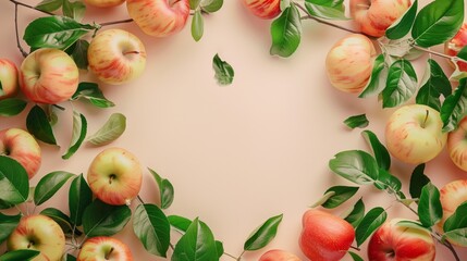 Fresh apples with leaves artfully arranged around a soft peach-colored background, ideal for copy space.