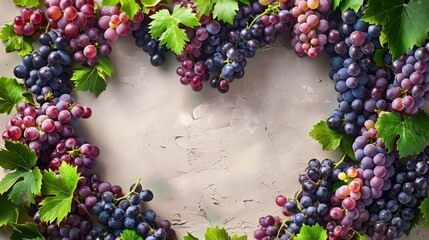 A vibrant display of various grapes with green leaves arranged around a textured beige background.