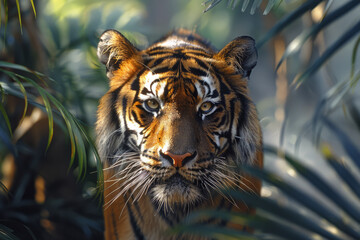 An artistic depiction of the Malayan tiger in a jungle-like habitat enclosure, focusing on its beauty and the threats it faces in the wild,