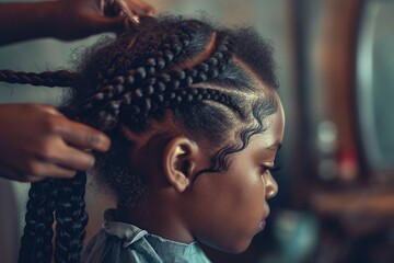 A woman is braiding a young girl's hair