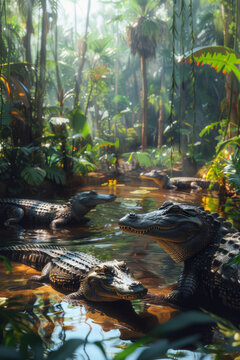An illustration showing a group of Gharials in a riverine habitat within a zoo, focusing on conservation breeding programs,