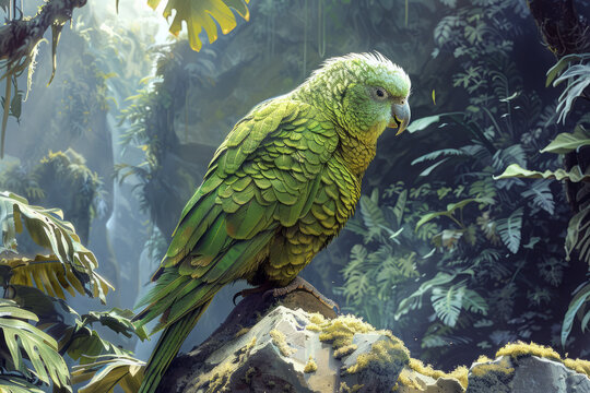 A drawing of the critically endangered Kakapo parrot in a specialized night-time enclosure, highlighting its nocturnal nature and conservation status,