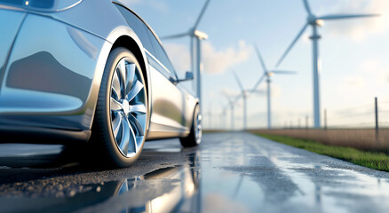 Modern hybrid eco car against the background of wind turbines and solar panels. Alternative ecological energy and fuel concept
