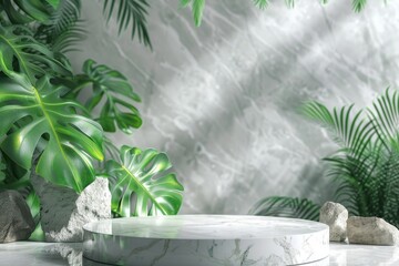 White marble podium with green leaves and sunlight