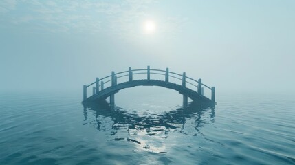 3D render of a minimalist bridge over calm water, serene and simple