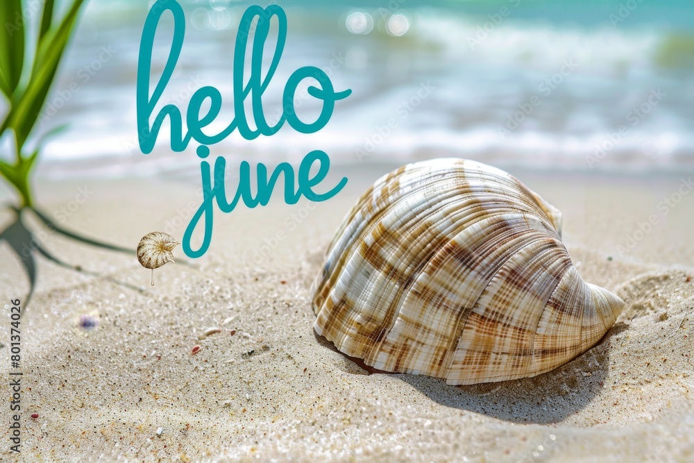 Poster seashell on the beach background with text in turquoise color font that says 