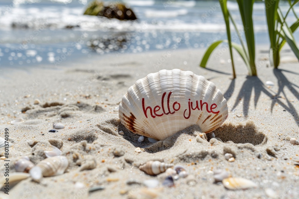 Poster text in the middle of beach with sand and sea shell, text written on background is 