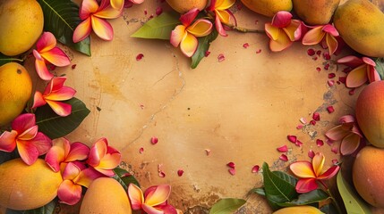 Vibrant arrangement of mangoes and plumeria flowers on a textured beige background with copy space.