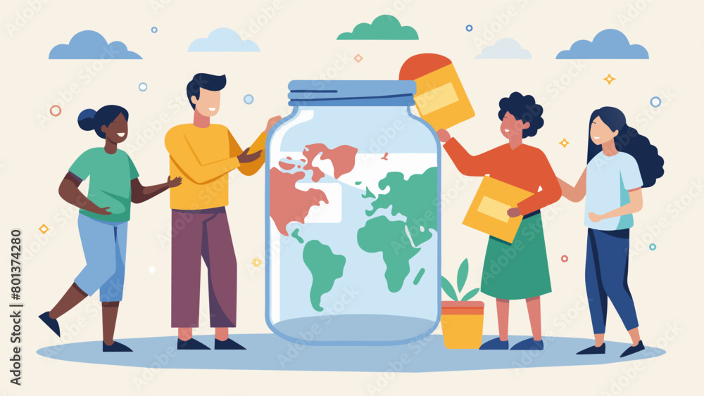 Poster a group of friends contributing to a jar labeled bucket list with a picture of a world map as they s