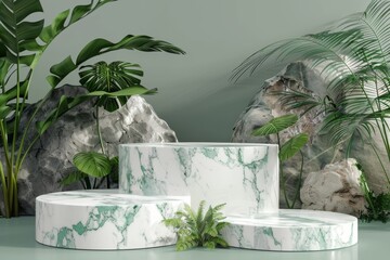 3d rendering of a green marble podium with tropical leaves and rocks.