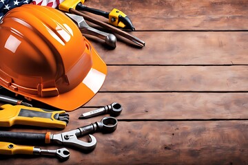 Labor day background concept. Flat lay of construction collar handy tools, with copy space - obrazy, fototapety, plakaty