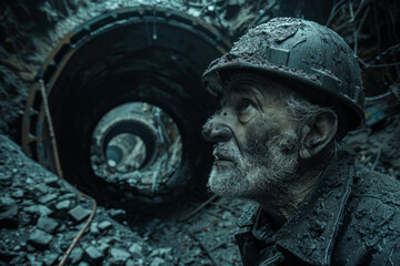 A depiction of a retired miner looking back at the closed mine entrance, reflecting on a lifetime of work underground,
