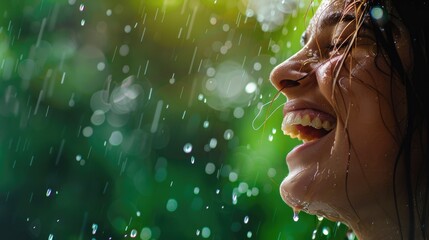 A woman is happily smiling with water dripping down her hair while taking a shower in the rain, enjoying the leisure of being surrounded by nature during her travel AIG50