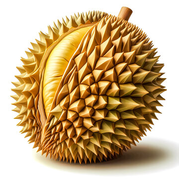 recommend clip art: Isolated illustration of durian fruit cut open to reveal yellow durian flesh on a white background.