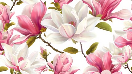 Bright white and pink magnolia flowers set in a seamless pattern, representing the springtime of the Himalayan region