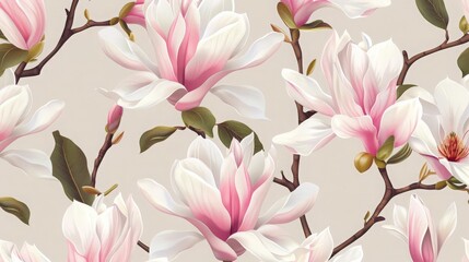 Bright white and pink magnolia flowers set in a seamless pattern, representing the springtime of the Himalayan region